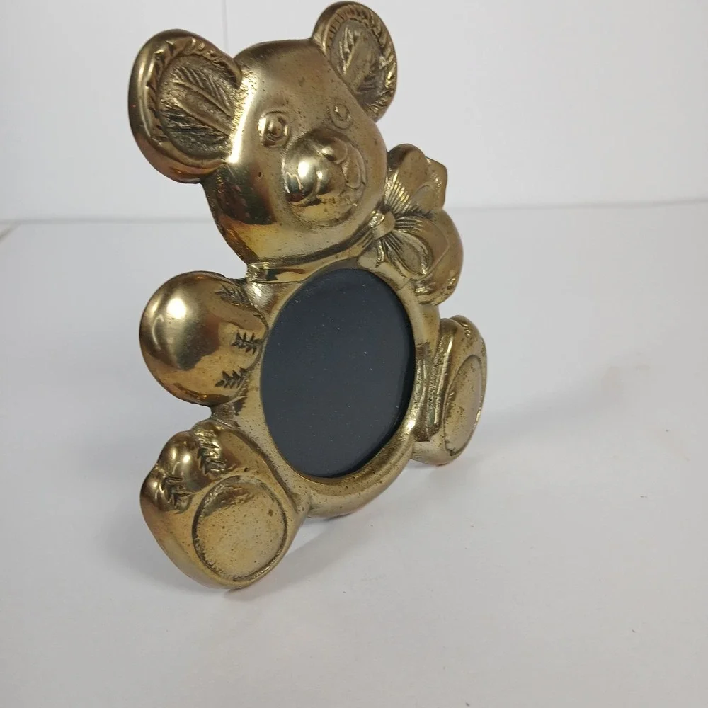 Vintage Brass Teddy Bear Photo Frame Baby Shower Gift Picture Nursery Cottage